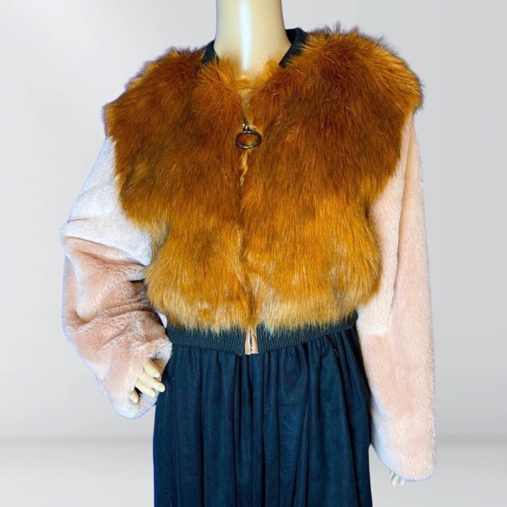 Shaci Blue Faux Fur Orange & Pink Cropped Jacket